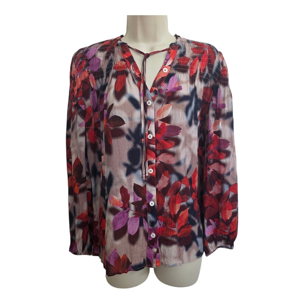 Soft Surroundings Floral Blouse Women’s Medium Button Front Tie Neck Flowy Top